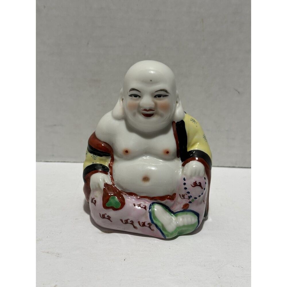 Vintage Chinese Famille Rose Porcelain Happy Laughing Buddha Figurine Mint Condi
